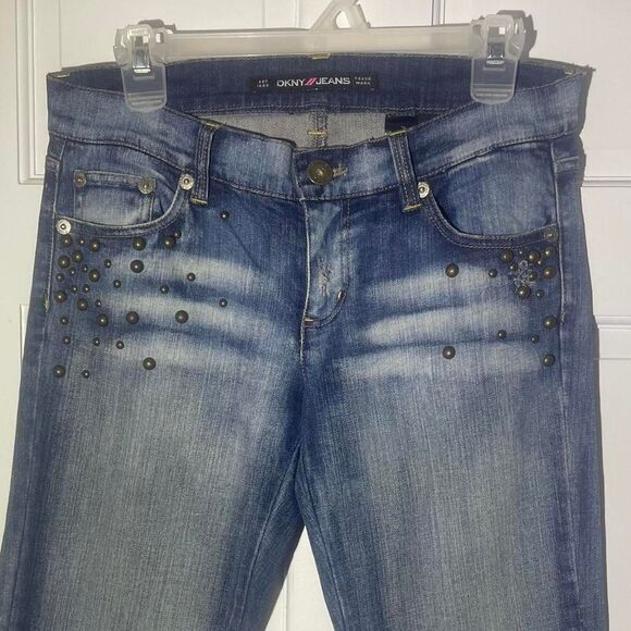 Dkny Vintage Embellished Studded Blue Distressed Low Rise Jeans Y2K - Picture 2 of 7